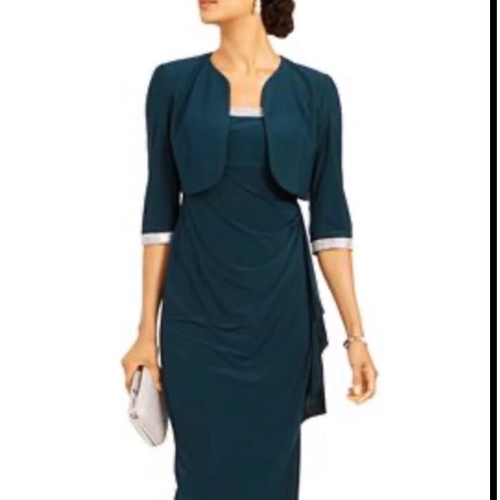 R & M Richards cropped jacket and ruffle gown.